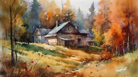 Watercolor painting of an old wooden house in the forest. Autumn landscape.の素材