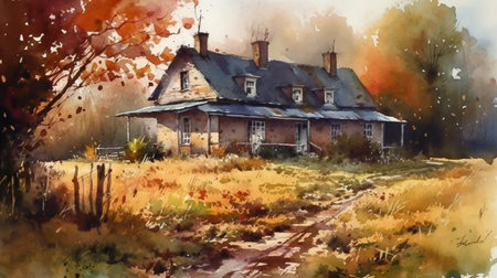 Watercolor painting of old house in the countryside. Autumn landscape.の素材