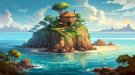 Illustration of a wooden house on an island in the sea.の素材