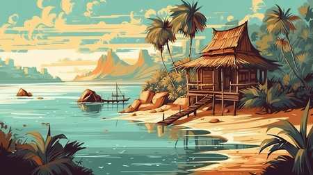 Wooden hut on the beach in the tropics. Vector illustrationの素材