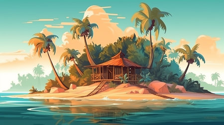 Tropical island with palm trees and bungalows. Vector cartoon illustrationの素材