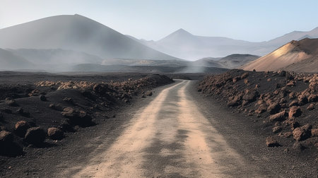 Dirt road in the volcanic landscape of Lanzarote, Canary Islands, Spainの素材