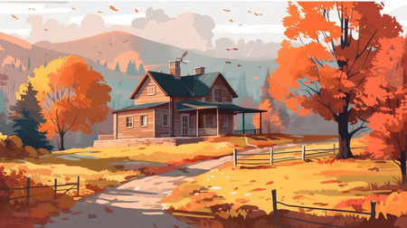 Autumn rural landscape with wooden house. Vector illustration in cartoon styleの素材
