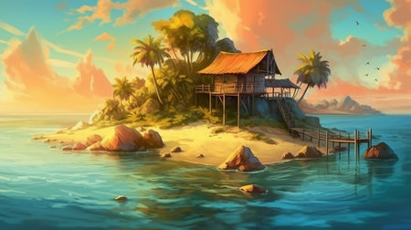 Tropical island with a hut in the ocean. 3d renderの素材