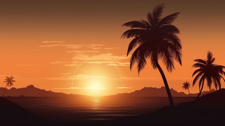Beautiful sunset on the beach with palm trees. Vector illustration.の素材