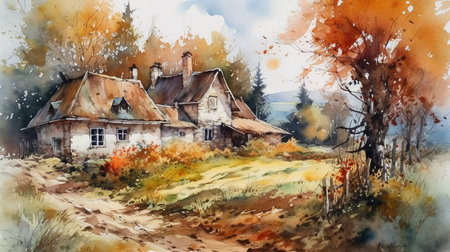 Watercolor painting of old rustic wooden house in autumn forest.の素材