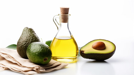 Avocado oil in glass bottle and avocados on white backgroundの素材