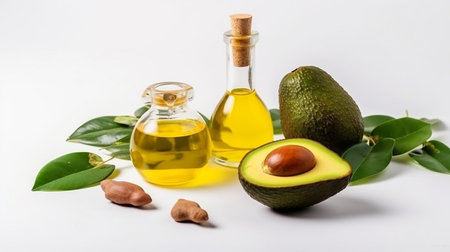 Avocado oil in a glass bottle with fresh avocado on white backgroundの素材