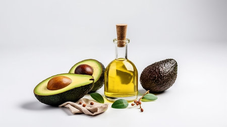 Avocado oil in a glass bottle with fresh avocados and leaves on a white backgroundの素材