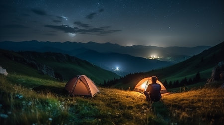 Camping in the Carpathian mountains at night under the starsの素材