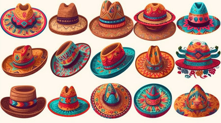 Mexican hats. Set of colorful traditional hats. Vector illustration.の素材