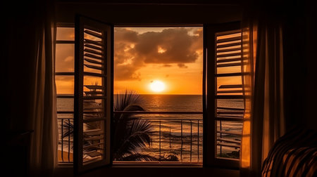 Sunset on the beach with a view of the sea from the windowの素材