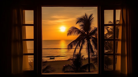Silhouette of palm tree and sunset on the beach at the windowの素材