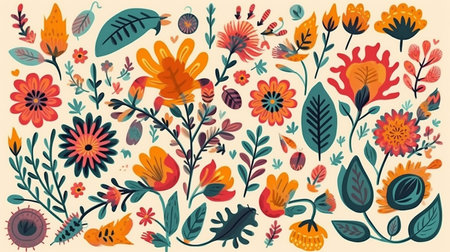 Hand drawn floral pattern with flowers, leaves and plants. Vector illustration.の素材