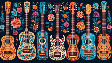 Set of acoustic guitars with floral ornament. Vector illustration in cartoon style.の素材