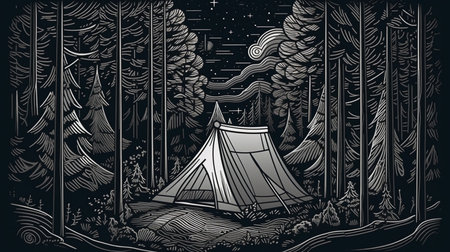 Night camping in the woods with a tent. Vector illustration in retro style.の素材