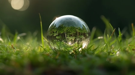 Glass globe on green grass with bokeh background. Nature concept.の素材