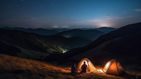 Couple sitting in the tent on the background of the night mountainsの素材