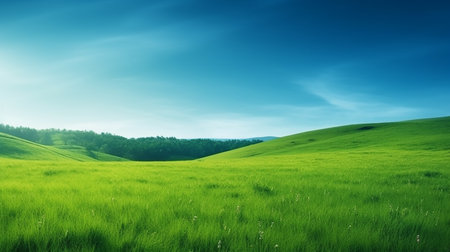 Green meadow and blue sky. Nature background. Panorama.の素材