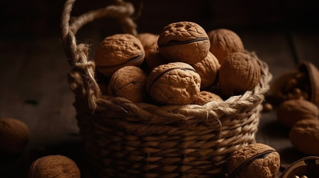 Walnuts in a wicker basket on a dark wooden background.の素材