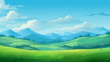 Landscape with green meadow, mountains and blue sky. Vector illustrationの素材