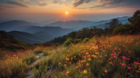 Sunset over the mountains with colorful flowers in the meadow.の素材