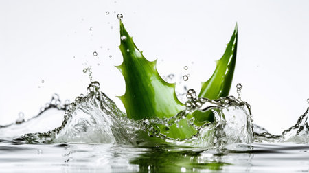 Aloe Vera leaf with water splash, isolated on white background.の素材