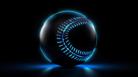 3D rendering of a baseball in neon light on a black backgroundの素材
