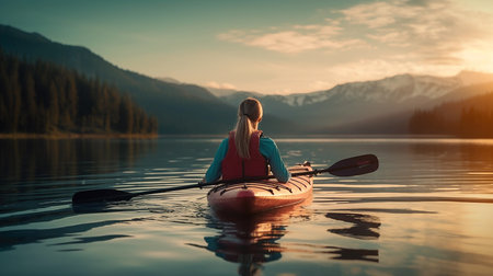 Young woman paddling on a kayak in the mountains at sunsetの素材