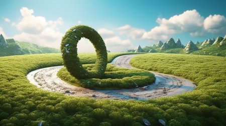 3D render of a road with green grass in the shape of a letter Oの素材