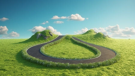 3d rendering of a road on a green hill with grass and flowersの素材