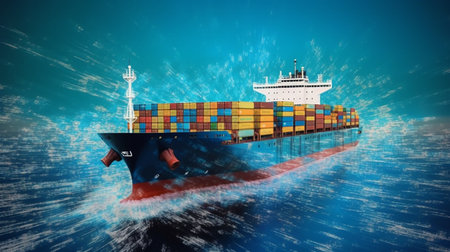 Container ship with cargo container floating in the sea against blue sky backgroundの素材