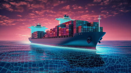 Cargo ship in the sea at sunset. 3D illustration.の素材