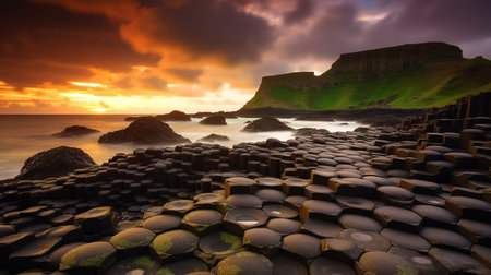 Dramatic sunset over the basaltic sea. Iceland.の素材