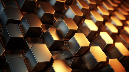 3d rendering of abstract metallic hexagon background. Reflective surface.の素材