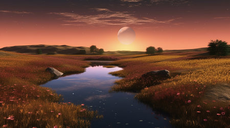 3d render of grassland with a lake and a full moonの素材
