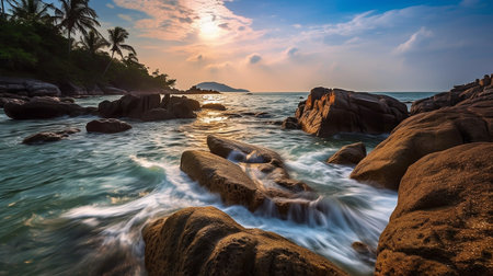 Tropical beach with granite boulders at sunset, Koh Samui, Thailandの素材