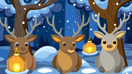 Winter forest with deers and lantern illustration. EPS10 vector.のイラスト素材