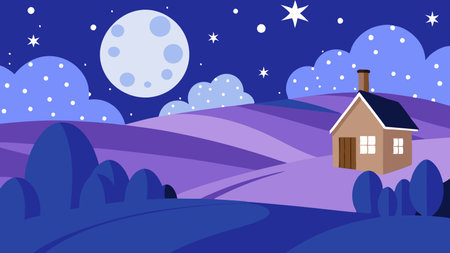 Beautiful night landscape with a house and moon. Vector illustration.のイラスト素材