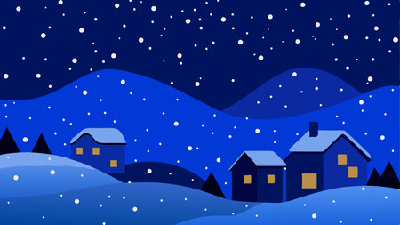 Winter landscape with houses and snowflakes on blue background. Vector illustration.のイラスト素材