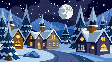 Winter village at night with snow and full moon. Vector illustration.のイラスト素材