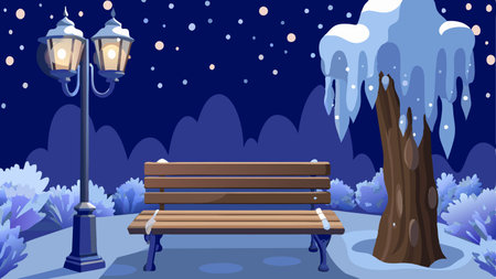 Park bench in winter night with icicles and snow. Vector illustration.のイラスト素材