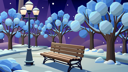 Park with bench and streetlights in the night. Vector illustration.のイラスト素材