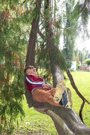 young boy sleeping on a tree trunkの写真素材