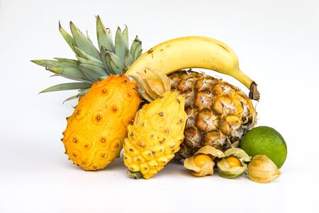 exotic fruits on white backgroundの写真素材