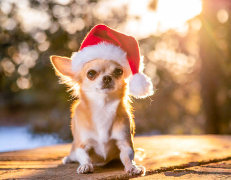 Chihuahua dog in red santa hat on nature backgroundの素材