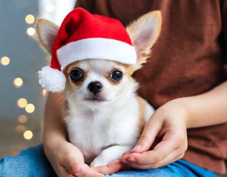 Little chihuahua puppy in red santa hat on woman handsの素材