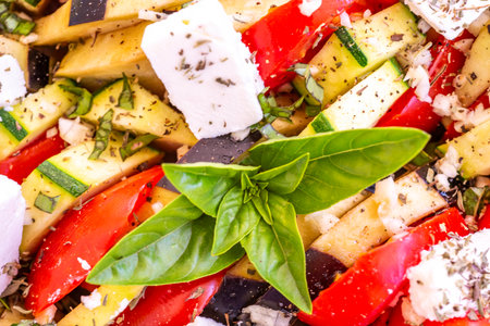 pieces of Greek Feta cheese and garlic on vegetables, tomato, paprika and zucchiniの写真素材