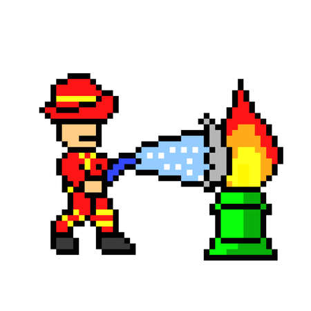 fireman extinguish fire with pixel art styleのイラスト素材