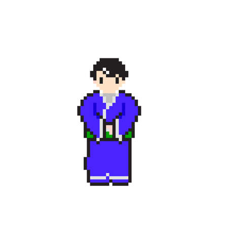 waiter wearing blue kimono with pixel art styleのイラスト素材